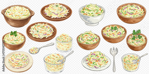 A collection of fresh coleslaw servings in various bowls, plates, and containers, some garnished with parsley, alongside a spoon and fork.