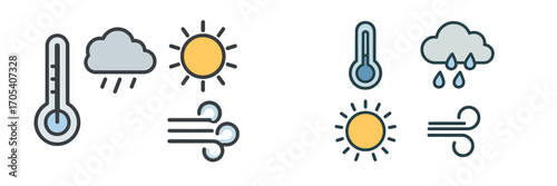 Weather icons for sun, rain, wind, and temperature