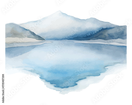 Watercolor frozen lake with reflections vector illustration isolated on white background