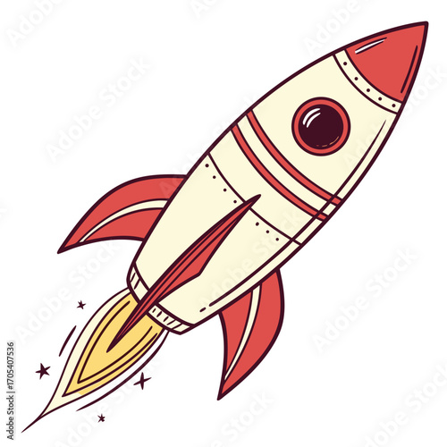 Retro style cartoon rocket ship blasting off into space with fiery exhaust and stars against a white background