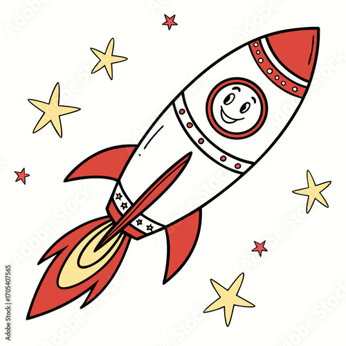 Cute cartoon rocket ship with a happy face flying through space surrounded by colorful stars and flames