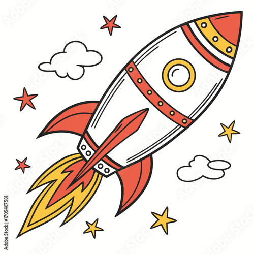 Retro style cartoon rocket ship blasting off into space with stars and clouds in a whimsical illustration