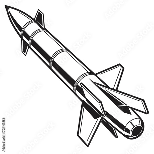 A detailed black and white illustration of a military missile with fins and a pointed nose against a white background