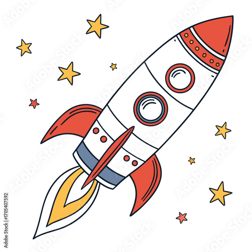 Whimsical cartoon rocket ship blasting off into a starry night sky with bright yellow and red stars