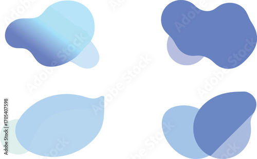 Illustration of four abstract shapes in shades of blue with overlapping translucent elements on white background | editable eps