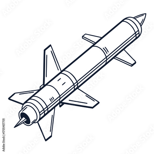 A detailed line drawing illustration of a single missile with fins and a pointed nose on a white background