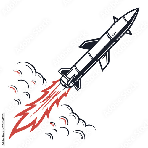 Stylized illustration of a missile launching upwards with fiery exhaust and smoke trails against a white background