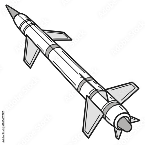 Stylized line art illustration of a military missile with fins and a pointed nose cone against a white background
