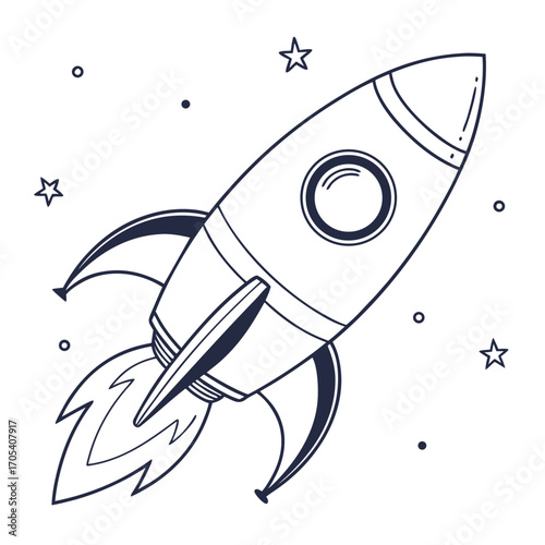 Whimsical hand drawn outline illustration of a retro rocket ship blasting off into a starry night sky