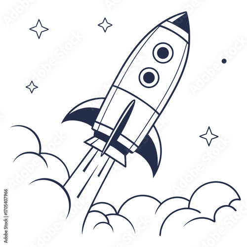 Stylized rocket ship blasting off into starry space with smoke and clouds in a simple line art design