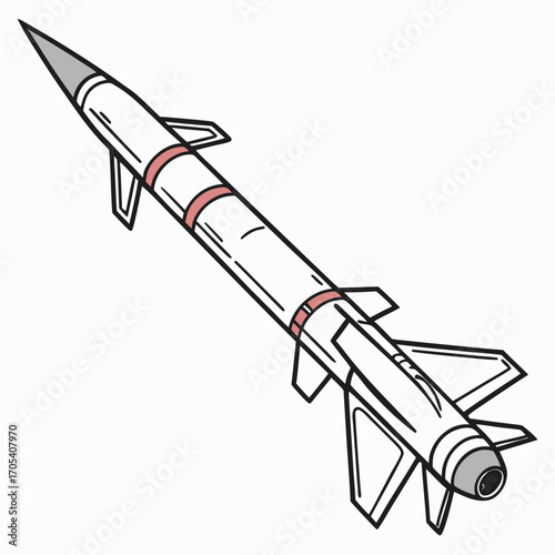 Stylized illustration of a white missile with red bands and fins against a white background