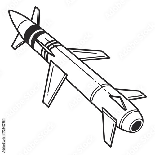 A detailed black and white line drawing illustration of a military missile with fins and a pointed nose cone