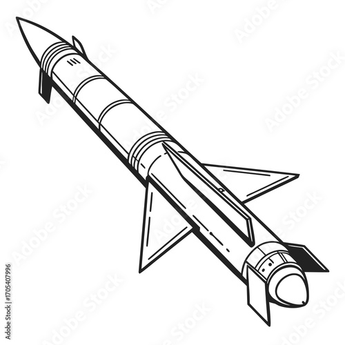 A detailed black and white line drawing illustration of a military missile with fins and a pointed nose
