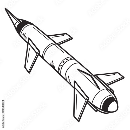 A hand drawn black and white illustration of a missile with fins and a pointed nose cone on a white background