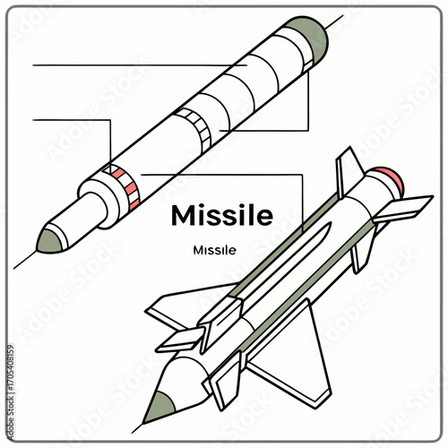 Diagrammatic illustration of two different types of missiles showing their distinct aerodynamic designs and components