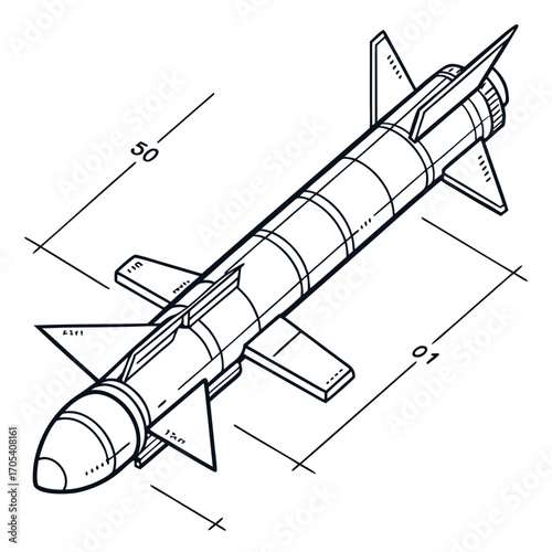 Detailed isometric line drawing of a missile with dimension lines and numerical annotations for technical illustration