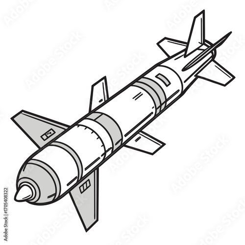 A detailed line drawing illustration of a military missile weapon with fins and a pointed nose on a white background