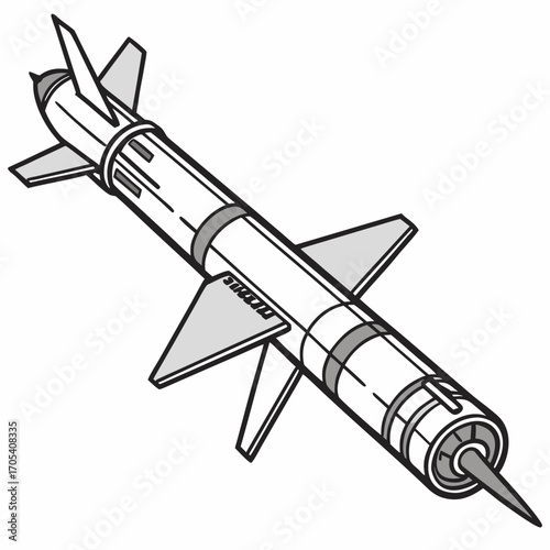 A detailed line drawing illustration of a modern military missile with fins and a pointed nose cone against a white background