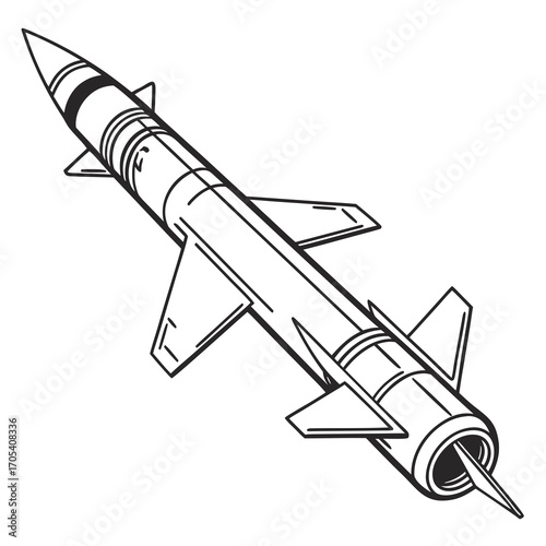 A detailed black and white line drawing illustration of a military missile with fins and a pointed nose cone against a white background
