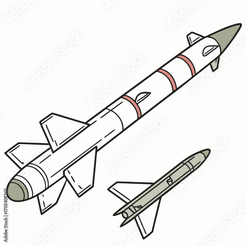Two stylized cartoon rockets one large and one small depicted with clean lines and simple coloring on a white background