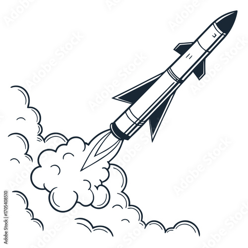 Stylized black and white line drawing of a powerful rocket launching upwards with a trail of smoke and fire