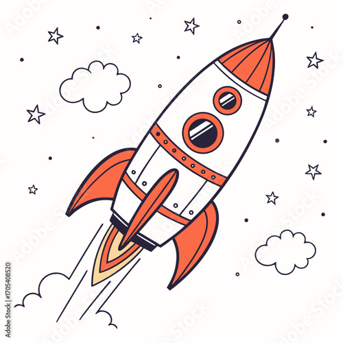 Whimsical cartoon rocket ship blasting off into a starry sky with clouds and smoke trails