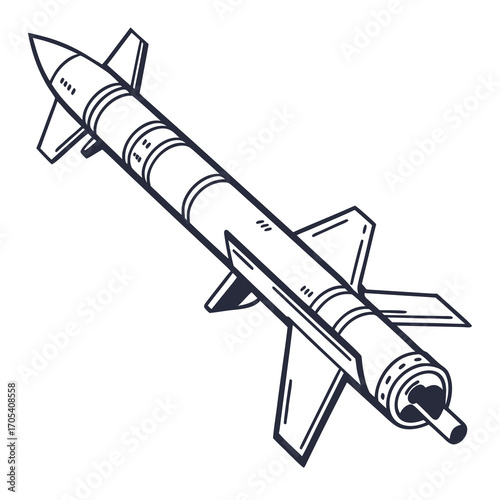A stylized black and white illustration of a military missile with fins and a pointed nose on a white background
