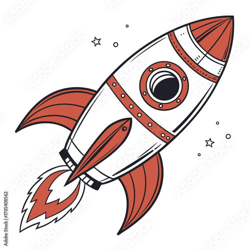 Retro style cartoon rocket ship blasting off into space with flames and stars on a white background