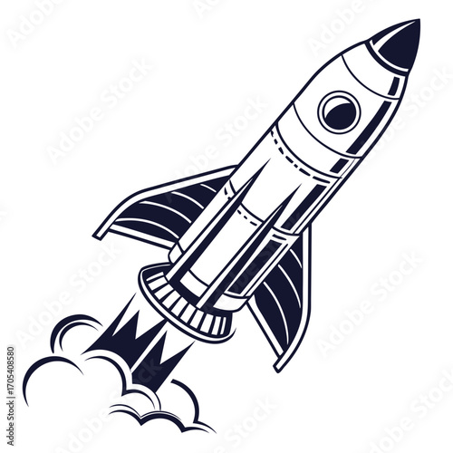 Retro style rocket ship blasting off into space with smoke trails against a white background vector illustration