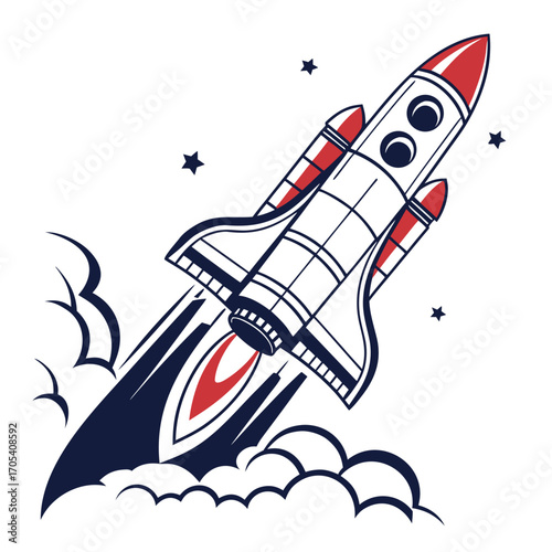 Stylized illustration of a white and red space shuttle launching upwards with dark blue smoke and stars against a white background