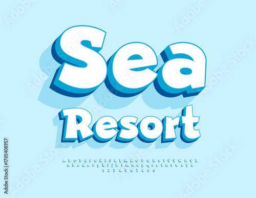 Vector Advertising poster Sea Resort. Funky Blue Font. Bright Cartoon style Alphabet Letters and Numbers set.