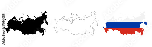 Russia map flag. Includes silhouette, dotted outline and national flag versions sign. Geographic and political territory symbol. Editable country shape pictogram. Federation vector illustration.