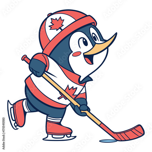 Cute Cartoon Penguin Playing Ice Hockey Vector 