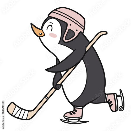 Cute Cartoon Penguin Playing Ice Hockey Vector 