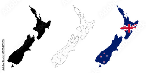 New Zealand map flag. North and South Islands silhouette with flag and border detail vector illustration. Geographical and political representation symbol. Country shape sign.
