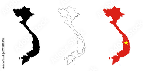Vietnam map flag. Three map variations including silhouette, dotted regions, and national flag design vector illustration. Geographic and political reference symbol. Asia country identity sign.