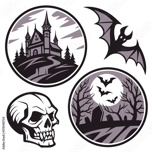 Halloween theme illustration in spooky monochrome tone.