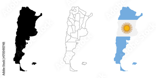Argentina map flag. National map with black silhouette, provincial borders and flag fill vector illustration. South American geography and political division symbol. Country territory sign.