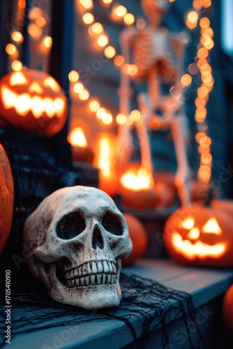 Halloween decorations with pumpkins and skeletons