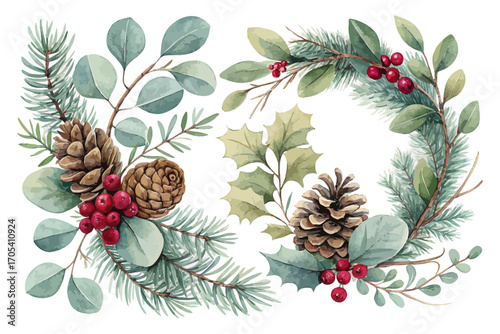 Watercolor Eucalyptus and Pine Cone Arrangement for Christmas 