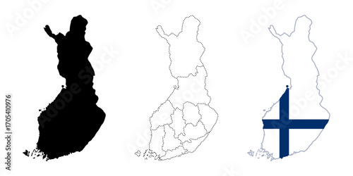 Finland map icon. Country shape with solid, dotted and flag-filled variations vector illustration. Geographic and political representation sign. National boundary symbol.