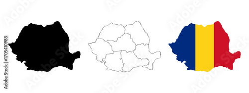 Romania map icon. Three versions: solid black silhouette, dotted regional borders, and national flag fill vector illustration. Geographic and political territory representation symbol.