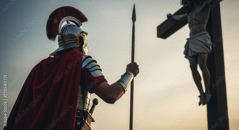 Fototapeta premium Roman soldier holding spear looking at Christ on cross. Biblical scene for Good Friday and Easter. Religious history.