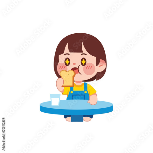 A cute cartoon girl happily eating a slice of toast for breakfast with a glass of milk