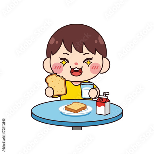Adorable cartoon boy joyfully eating toast and drinking milk for breakfast