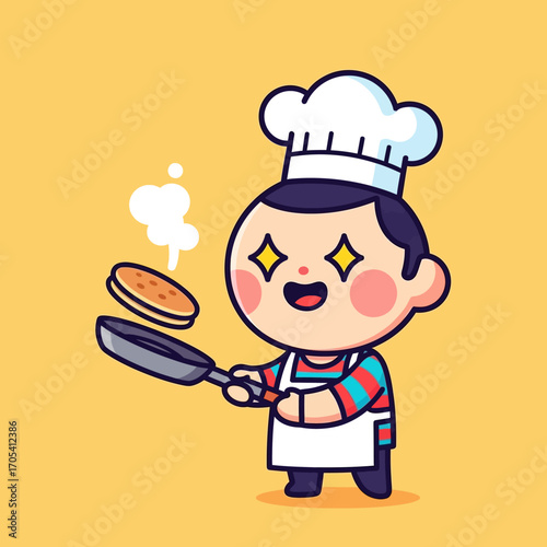 Happy Chef Tossing a Pancake in a Pan