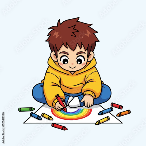 Cute little boy in a yellow hoodie sitting on the floor and drawing a colorful rainbow with crayons