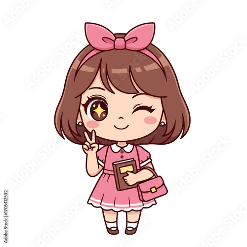 Cute chibi girl student in a pink dress holding a book and winking with a peace sign gesture