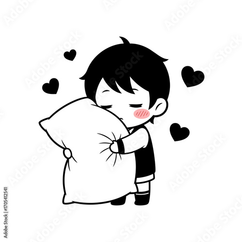 Cute cartoon boy hugging a pillow with love hearts, simple black and white vector illustration