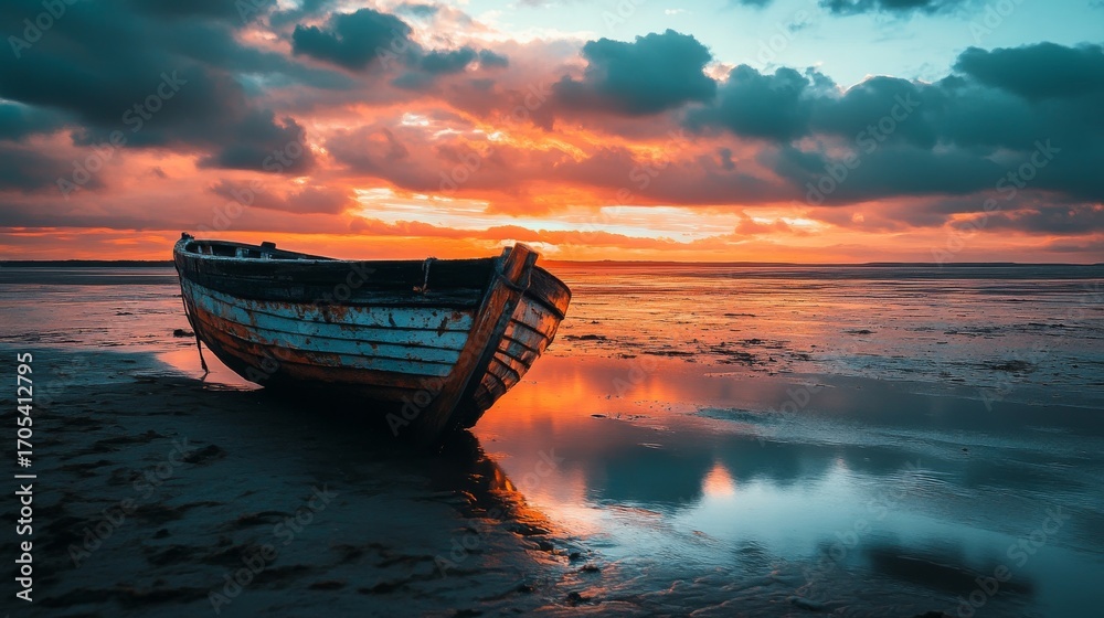Fototapeta premium A weathered wooden boat sits on the beach at low tide, facing a vibrant sunset with a reflection of the sky in the water.